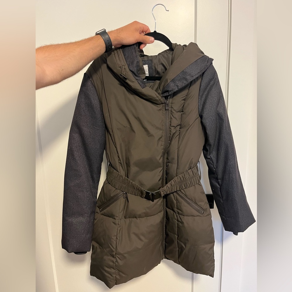 Twik Green and Gray Puffer Jacket with Belted Waist